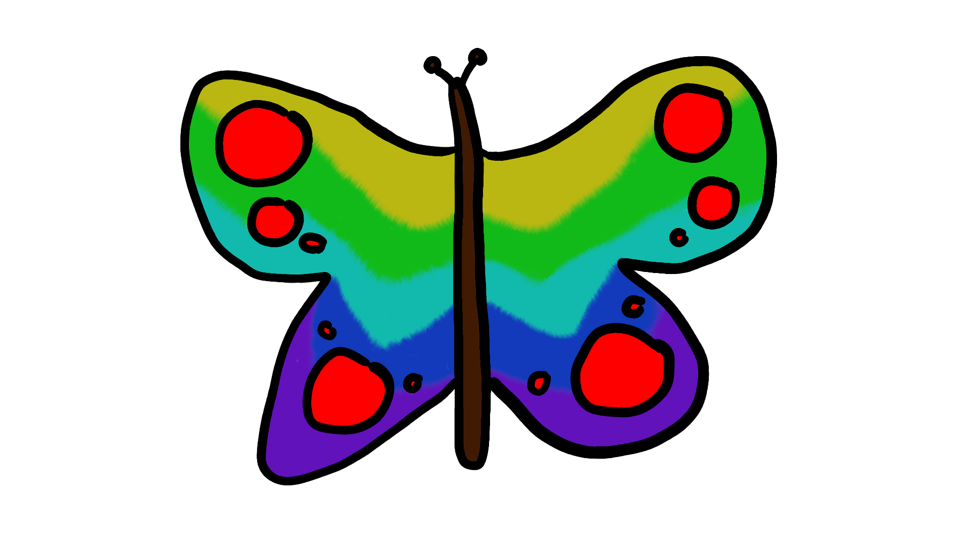 Lopsided rainbow butterfly with red dots.